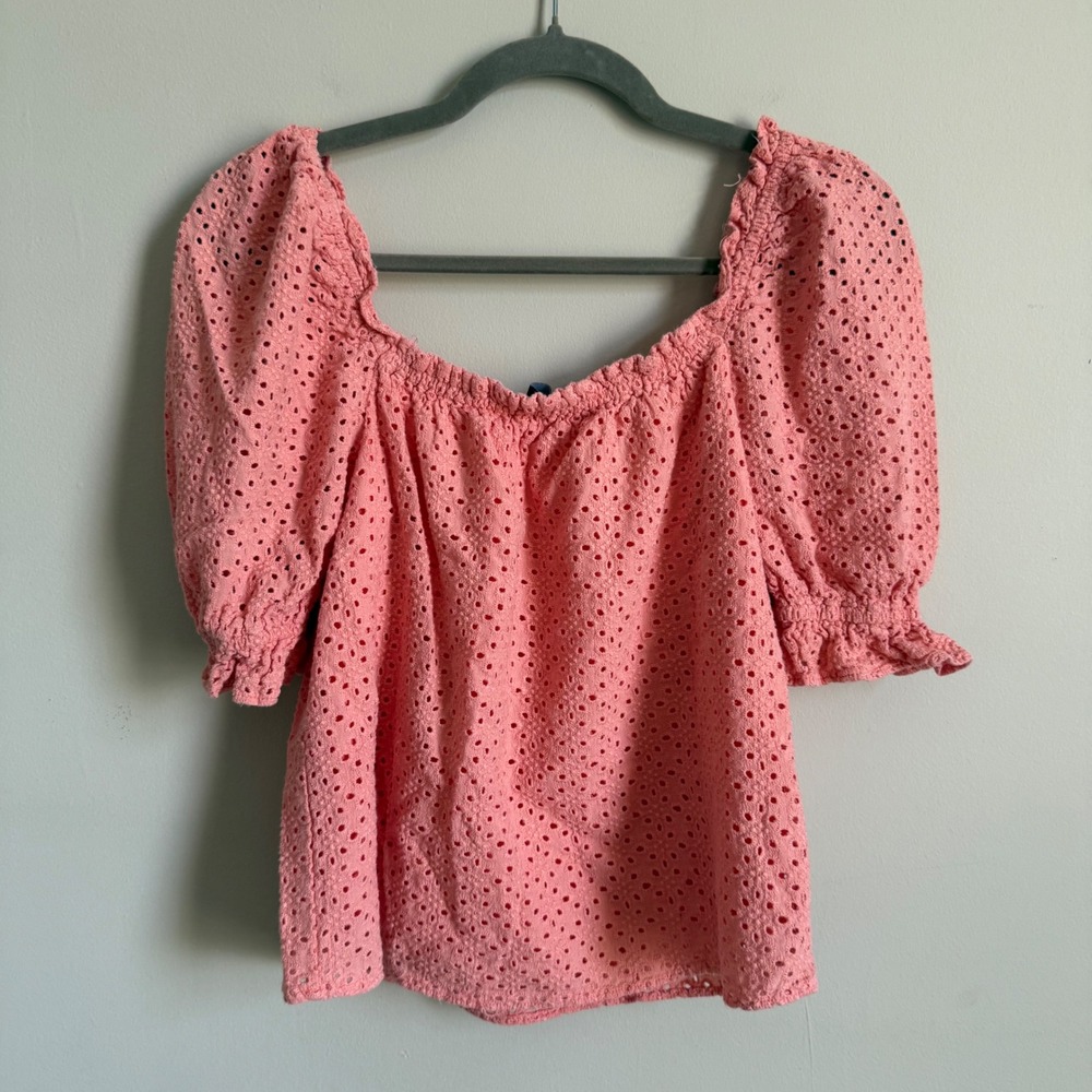 Pomander Place Womens Coral Pink Eyelet Puff Sleeve Square Neck Blouse XS - Picture 3 of 3